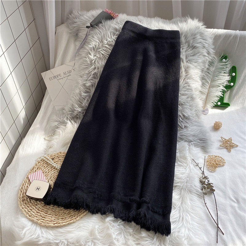 针织半身裙女秋冬2020新款冬天配毛衣裙子中长款流苏高腰毛衣裙厚