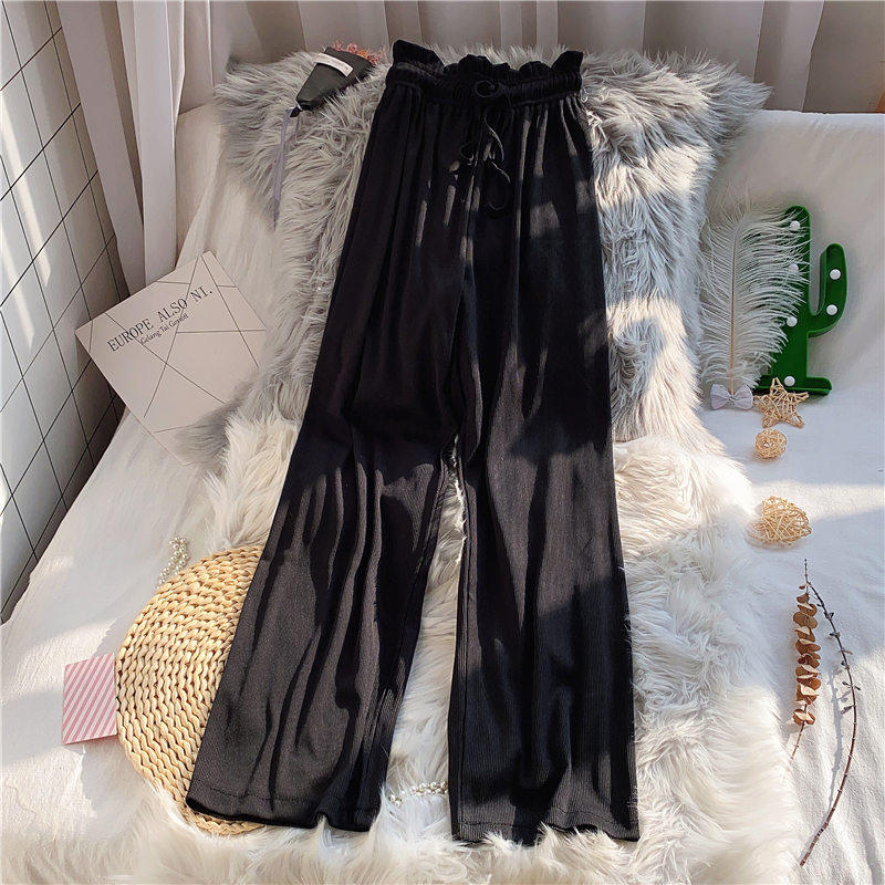 2020新款春夏裤子女宽松显瘦垂坠感高腰直筒百搭休闲针织阔腿裤