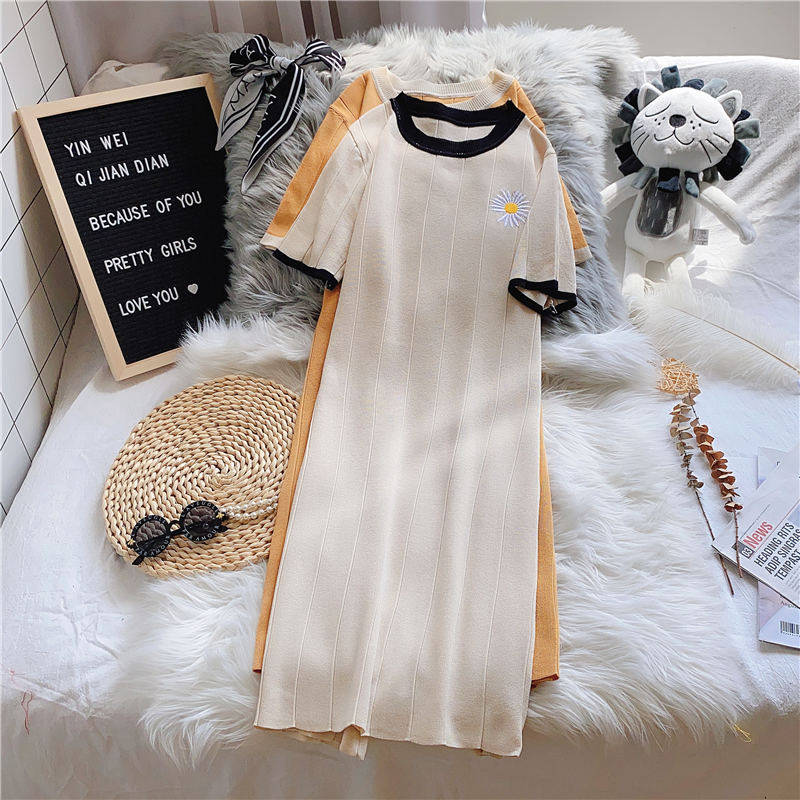 t恤裙女夏2020新款夏季短袖上衣休闲小雏菊连衣裙中长款针织裙子