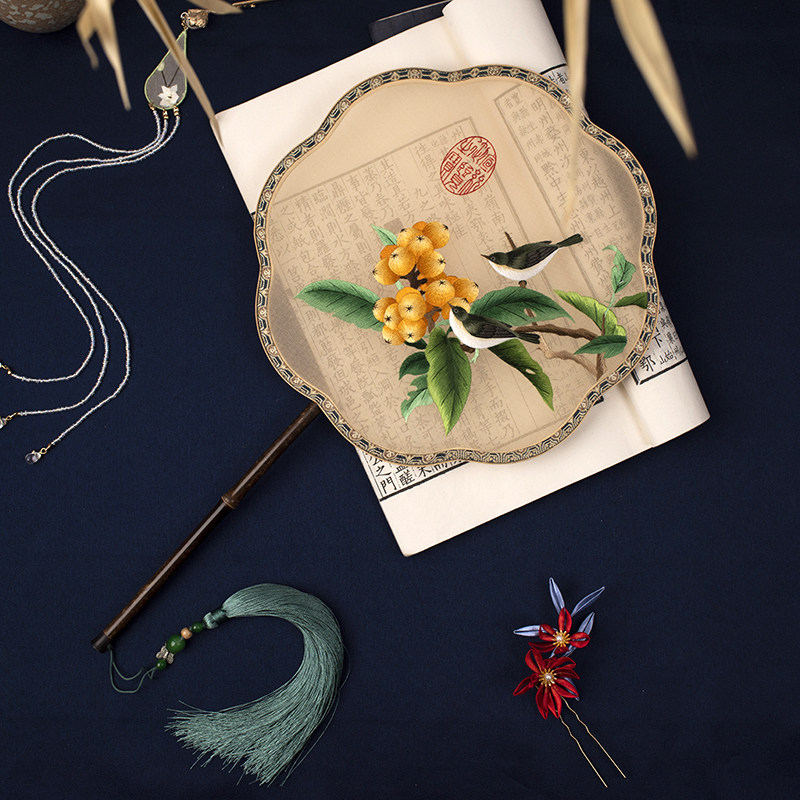 刺绣团扇新款绣花湘妃竹苏绣真丝手工古代汉服配饰宫扇双面扇子