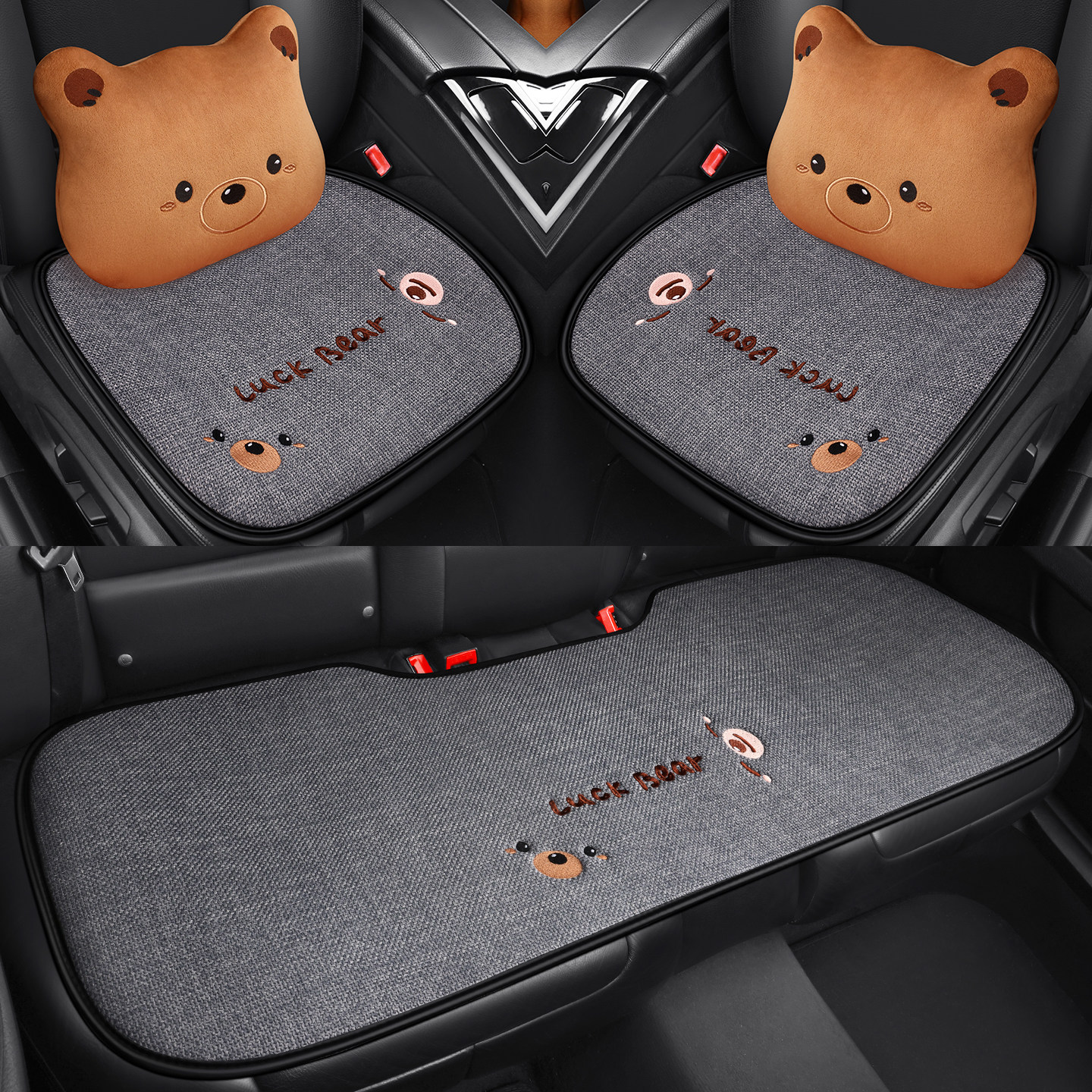 车用四季透气坐垫卡通小熊汽车通用可爱淳麻座椅垫套防滑座垫萌趣