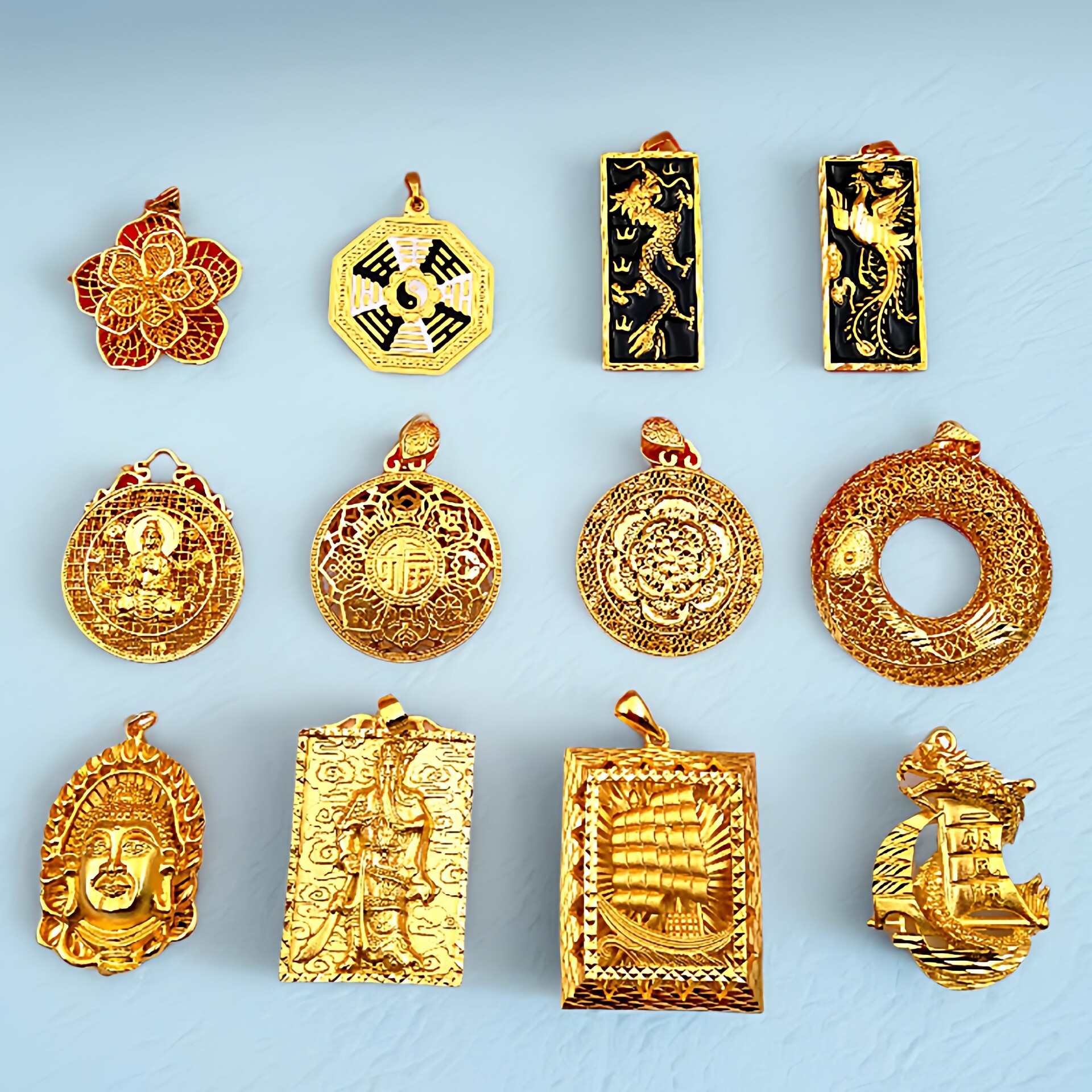 越南沙金大吊坠平安扣龙凤项链坠男女圆牌一帆风顺仿黄金大吊牌