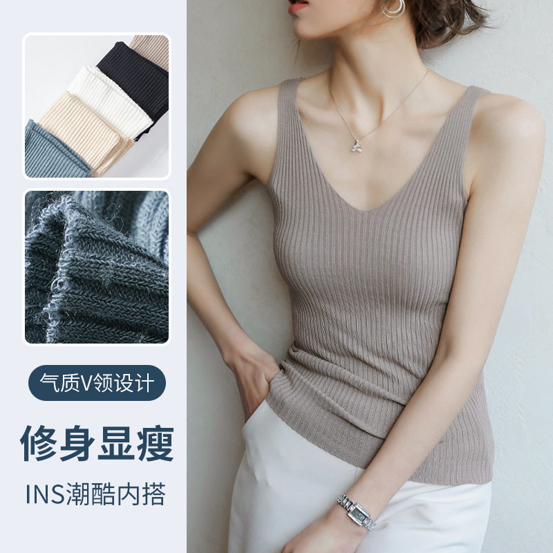 严选吊带小背心女针织v领外穿宽松设计夏季黑色修身内搭无袖上衣