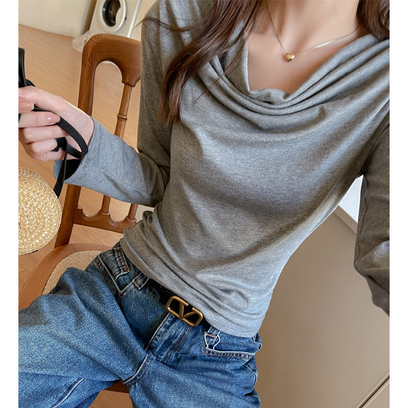 2026新款莫代尔荡领秋冬季长袖打底衫女内搭设计感t恤不规则上衣
