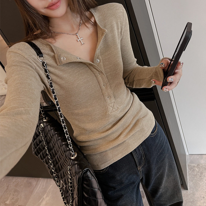 仿羊绒纽扣设计感修身显瘦正肩t恤女内搭简约纯色打底衫外穿上衣