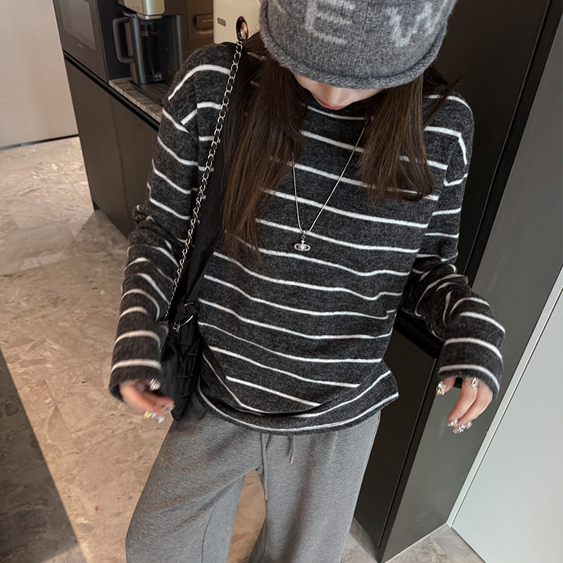 复古撞色条纹宽松落肩t恤女士修身显瘦春秋高级感内搭可外穿上衣