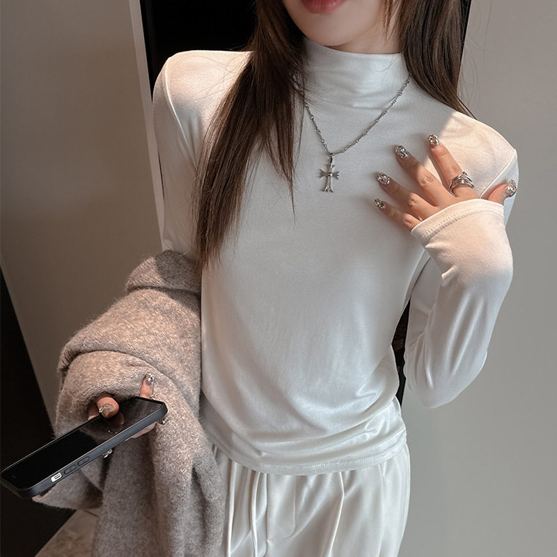 严选白色天丝羊毛长袖打底衫女新款半高领高级感内搭韩系简约上衣