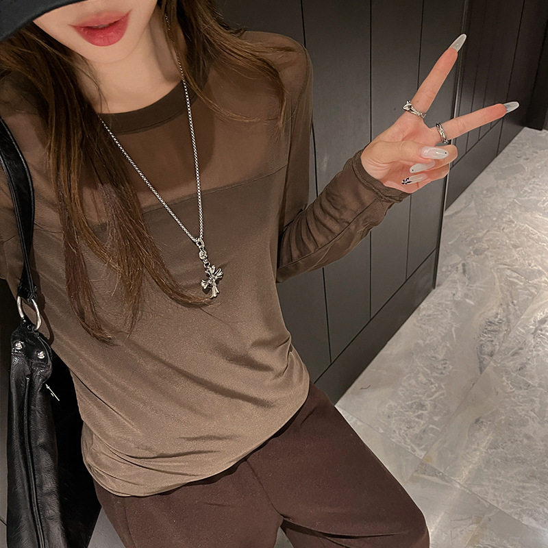 圆领网纱拼接纯色修身显瘦t恤韩系女内搭长袖打底衫感可外穿