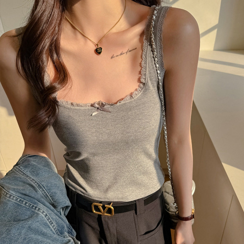 方领莫代尔蕾丝领打底吊带背心女士内搭外穿小心机性感设计感上衣