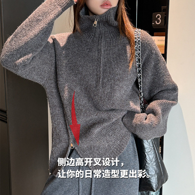 韩版女装拉链设计感洋气纯色简约套头毛衣侧开叉百搭宽松显瘦上衣