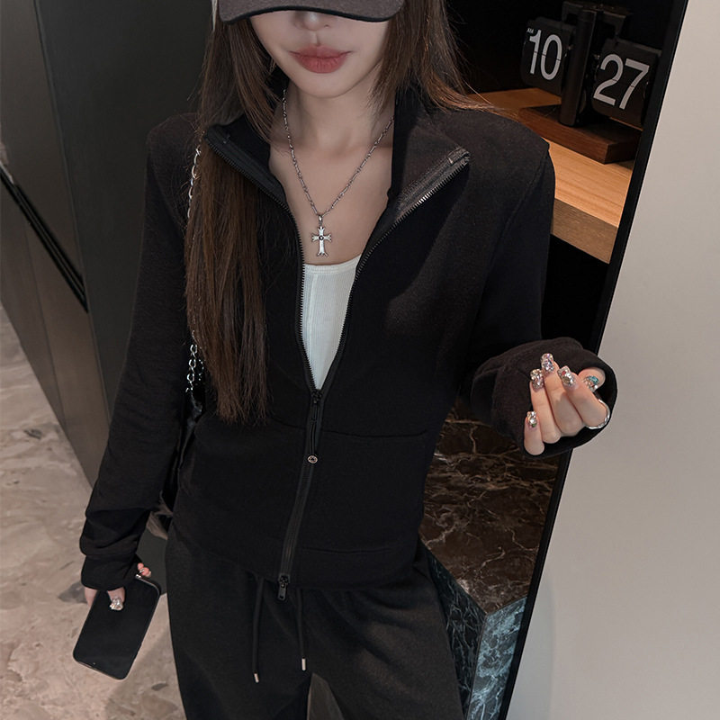 严选早秋修身卫衣外套女新款磨毛保暖设计感拉链口袋长袖外穿上衣