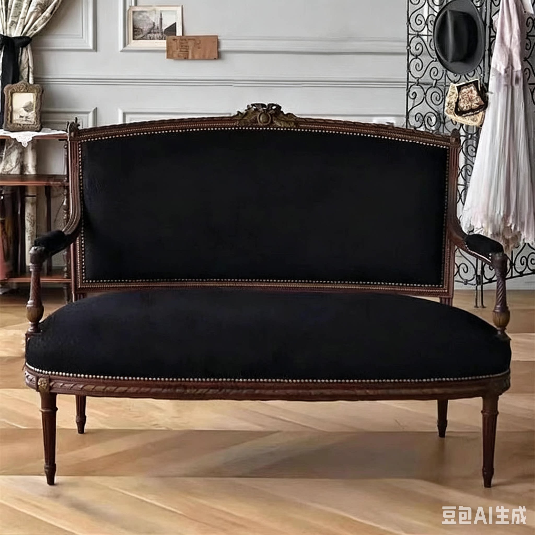 中古实木雕花双人沙发椅法式复古客厅休闲椅黑色绒布影楼接待椅