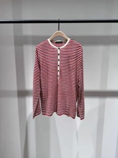 正品针织衫2026春新品棉麻竹节纱条纹宽松半开襟罩衫MBF1SWT059