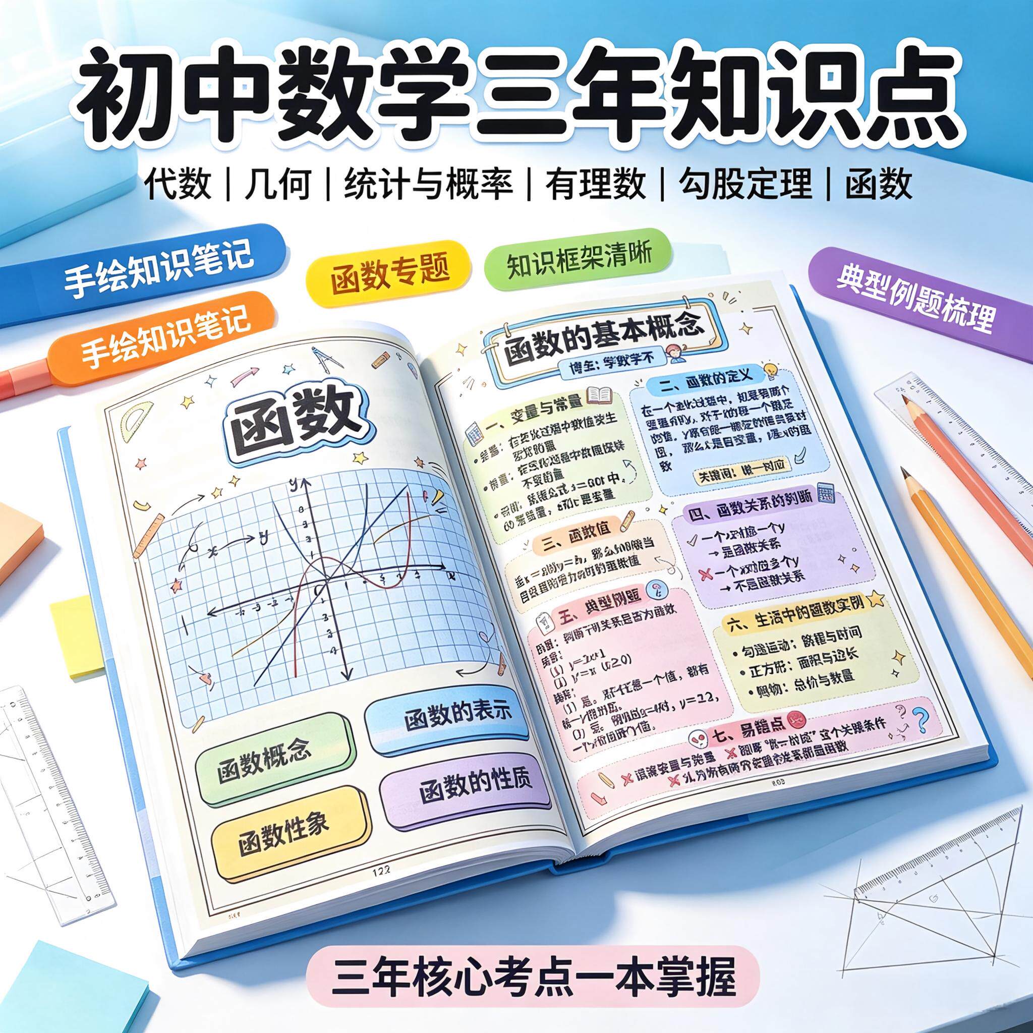 初中数学三年知识点代数几何统计与概率有理数勾股定理函数手绘