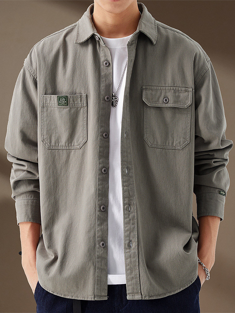 香港高端美式覆古工装长袖衬衫男秋季潮牌纯棉宽松休闲衬衣外套男