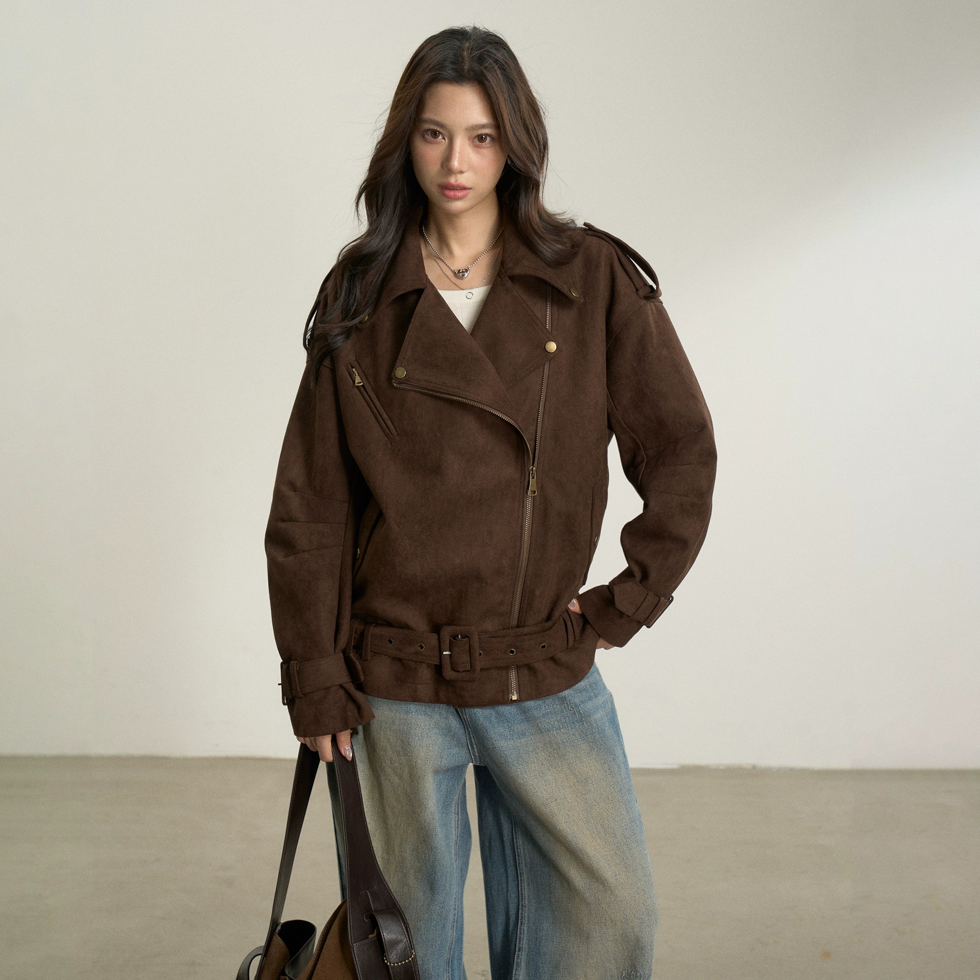 BESOBER咖色麂皮绒加绒夹克