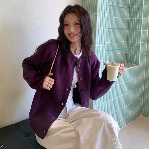 BESOBER超显白紫色毛衣开衫外套