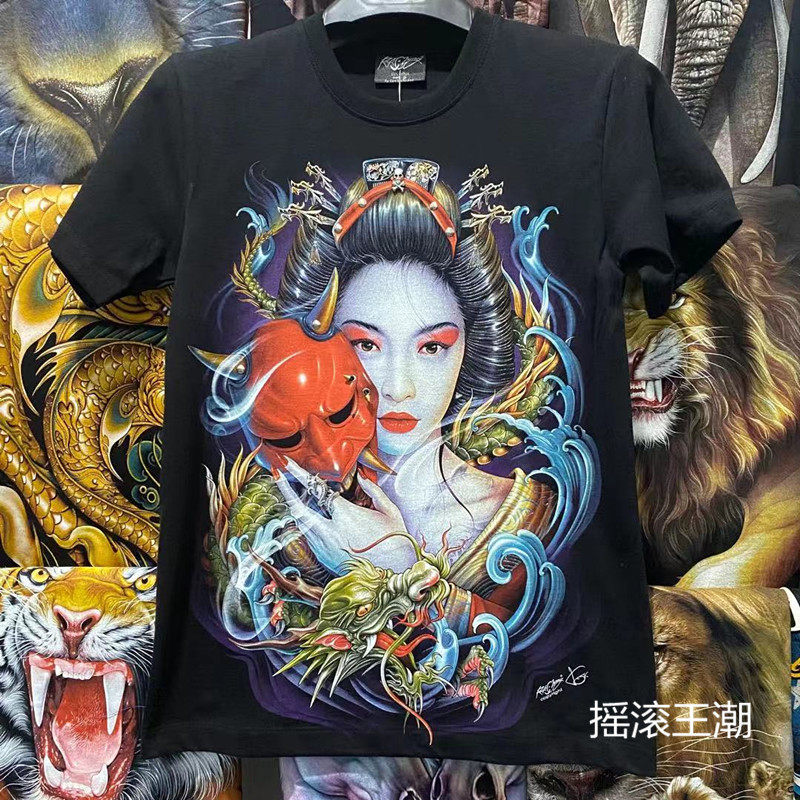 泰国进口潮牌男女同款短袖日系般若美女印花纯棉宽松大码情侣半袖