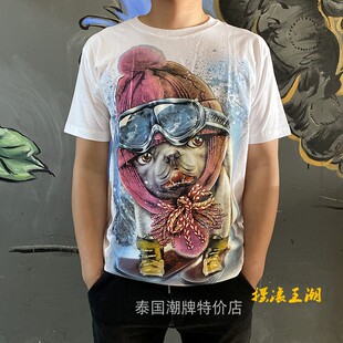 泰国产原版无缝桶织白色狗印花夜光男女情侣同款短袖T恤宽松圆领