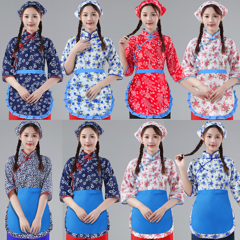 阿庆嫂碎花采茶女村姑衣服民族舞蹈花衣服古装农村怀旧表演出服装