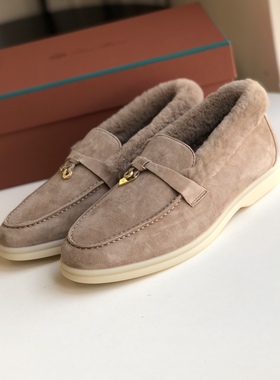 lp加绒全包新款秋冬季软底一脚蹬真皮海狸毛毛男女款老钱风乐福鞋