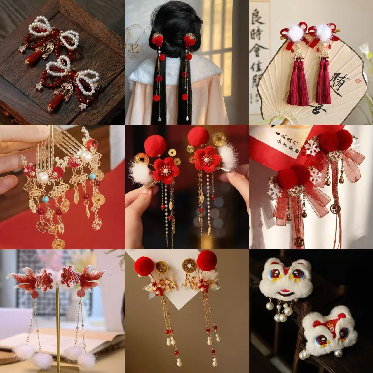 新年红色发夹女生儿童汉服发饰过年流苏国风小财神头饰边夹配饰
