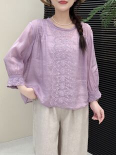 苎麻刺绣衬衫女风琴褶衬衣文艺钩花薄款上衣后背扣系带上衣夏