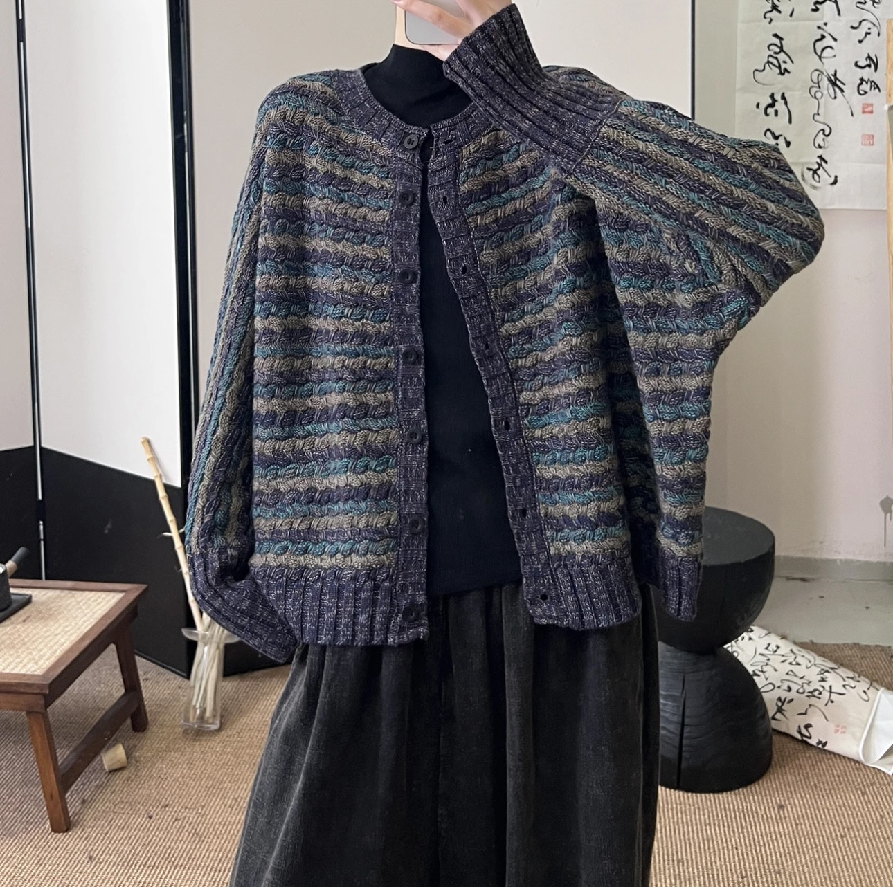 2024秋季新款彩色棉线编织开衫毛衣女文艺宽松长袖上衣外套针织衫图片