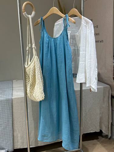夏文艺宽松纯色仙女无袖吊带长裙轻薄苎麻宽松腰夏日连衣
