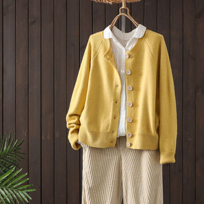 纯色2025春秋高端时尚开衫密实细线圆领针织衫女士外搭毛衣外套