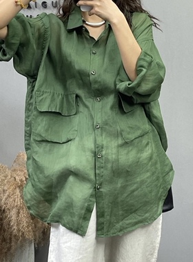 棉麻衬衣女夏季中长上衣红色大口袋苎麻大码宽松休闲防晒百搭衬衫