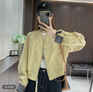 韩版纯色拼接袖百搭修身小个子短外套2025春季新款棒球服女