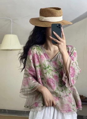 纯苎麻高货精品衬衫女小V领套头喇叭袖娃娃衫数码印花全包边上衣