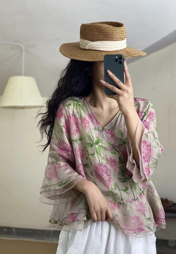 纯苎麻高货精品衬衫女小V领套头喇叭袖娃娃衫数码印花全包边上衣