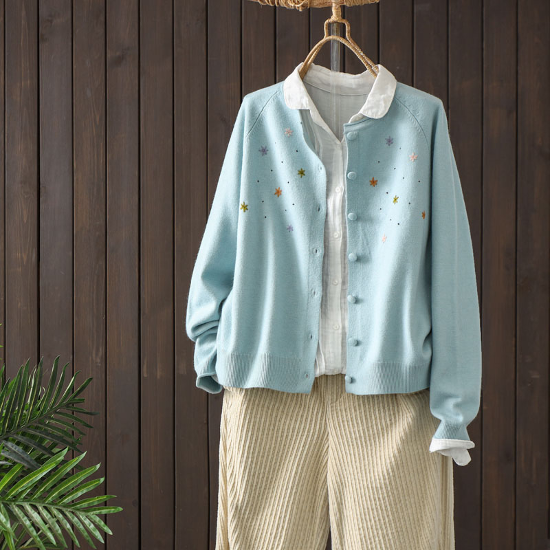 韩系高端百搭小花刺绣圆领针织开衫女春季新款休闲宽松毛衣外套