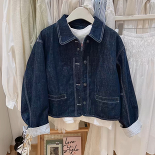 Sicily miluro同款韩系春复古格子袖口拼接水洗牛仔外套