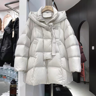 白鹅绒中长款羽绒服女2025冬季新款时尚韩版宽松连帽系带加厚外套