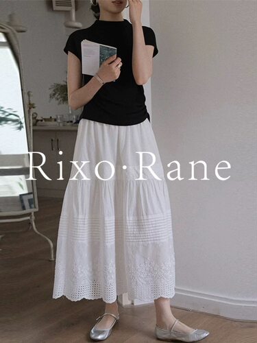 法国Rixo Rane优雅动人⭐重工打褶绣花白色半身裙女高腰a字长伞裙