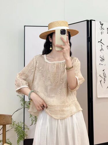 森女系100苎麻女装甜美方领蕾丝刺绣花中袖娃娃小衫上衣短款衬衫