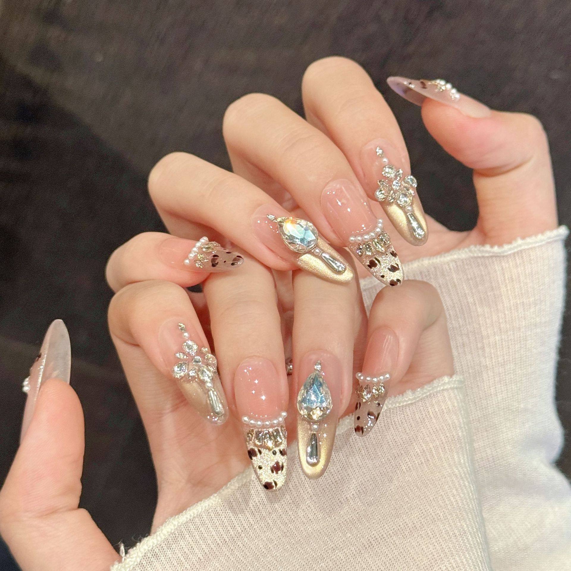 瑞卡曼原创【粉钻豹奢】粉裸豹纹镶钻珍珠美甲高级感长短手工穿戴,珠宝/钻石/翡翠,裸珠,淘宝优惠券,粉丝福利购,淘宝优惠卷