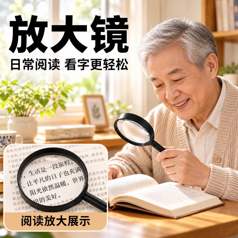 50mm放大镜阅读学生高清高倍正品超大老年人扩大镜塑料柄大号老花