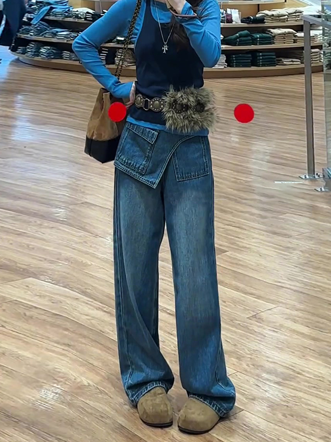 假两件屁帘拼接阔腿牛仔裤女秋季小个子高腰显瘦垂感蓝色弯刀裤秋