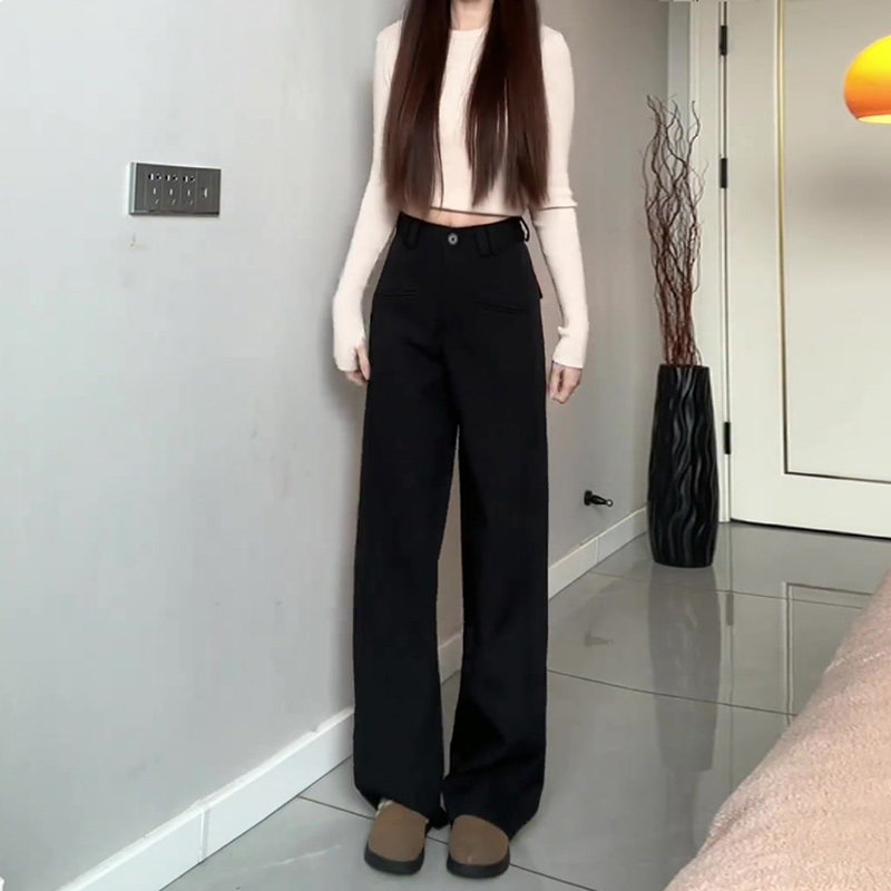 黑色西装裤女2025新款春季设计感梨形身材显瘦窄版直筒垂感阔腿裤,女装/女士精品,大码裤装,淘宝优惠券,粉丝福利购,淘宝优惠卷