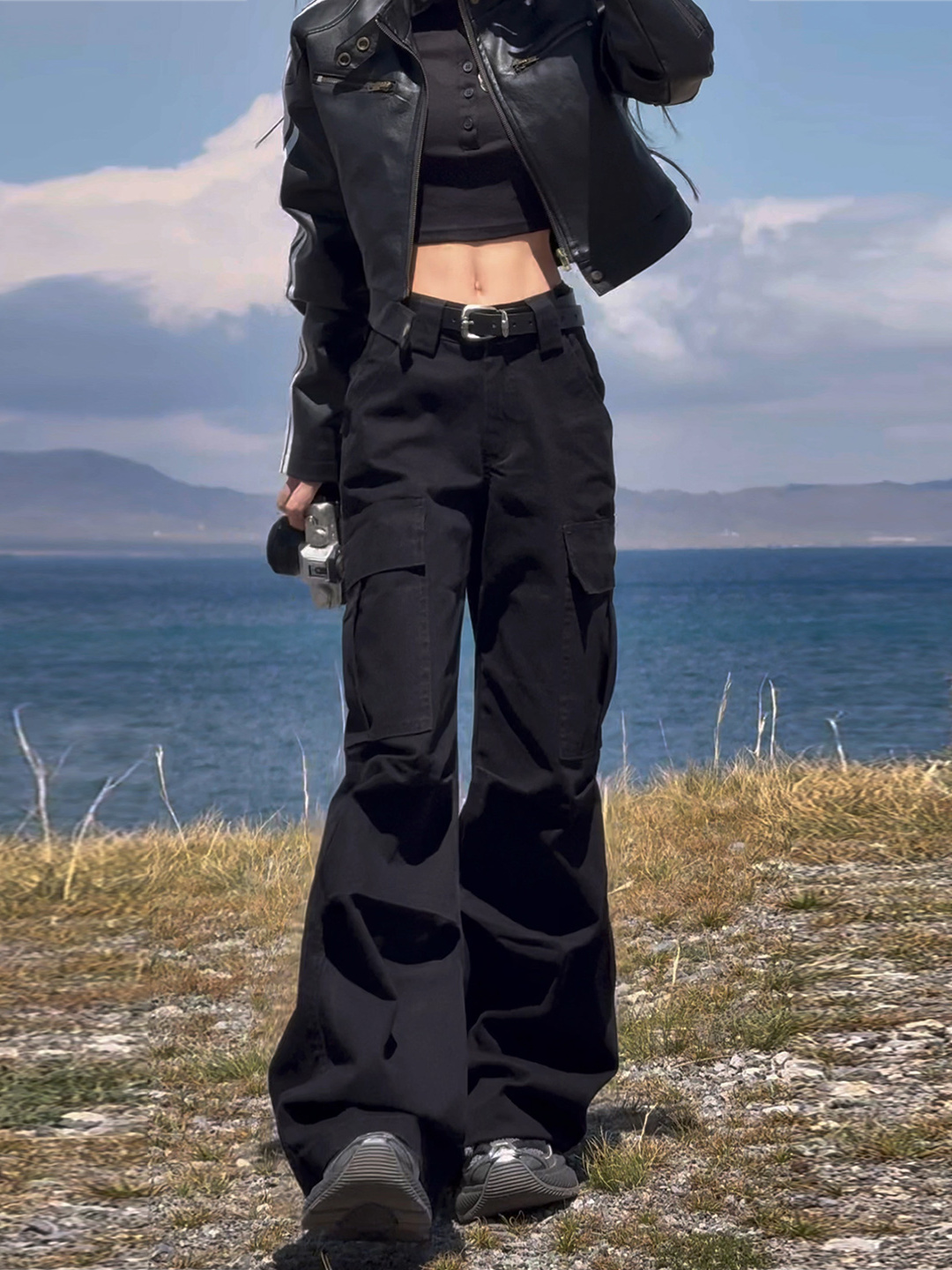 酷飒风美式覆古微喇工装裤女2025新款秋装黑色修身窄版辣妹阔腿裤