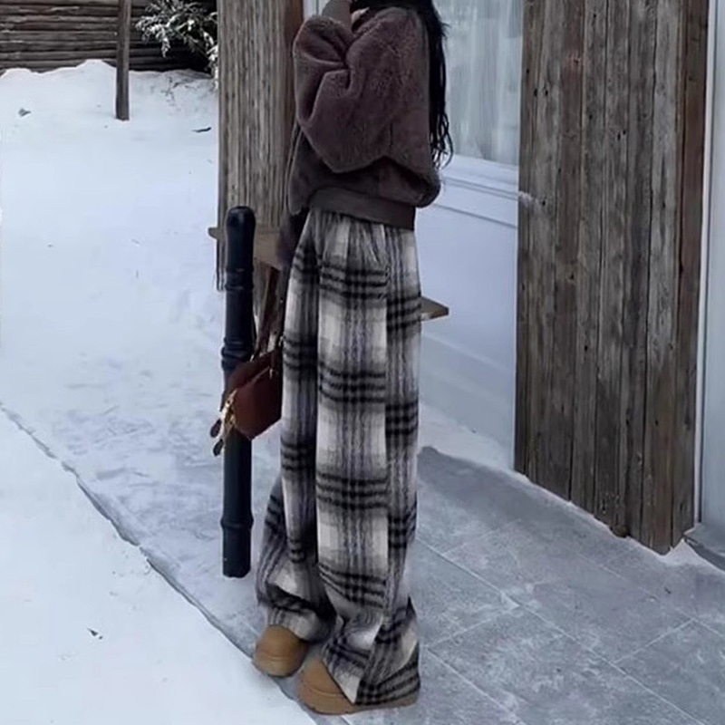 美式覆古高街加绒毛呢格子裤子女2024新款冬季直筒休闲 阔腿拖地