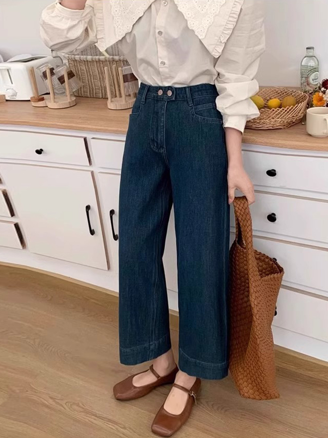 深蓝色直筒九分牛仔裤女秋款2025新款宽松显瘦百搭梨形身材阔腿裤