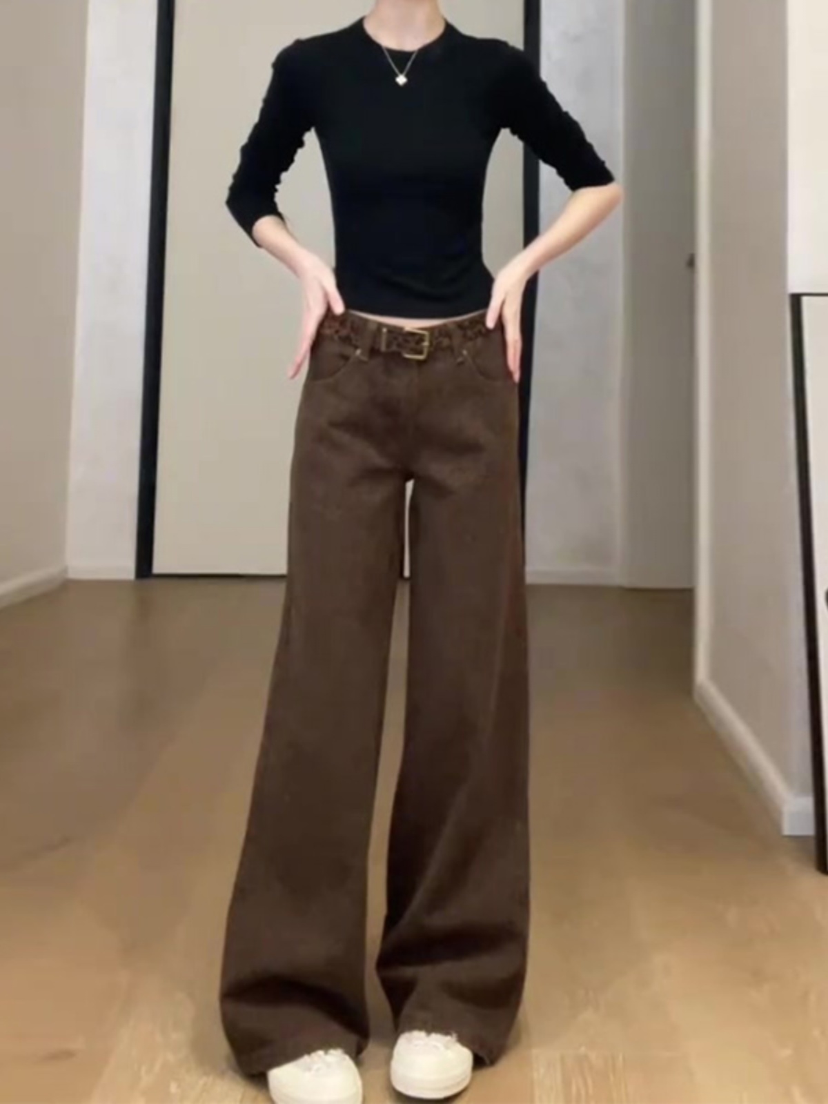 美式咖色牛仔阔腿裤女春秋季2025年新款高腰垂感宽松直筒拖地裤子