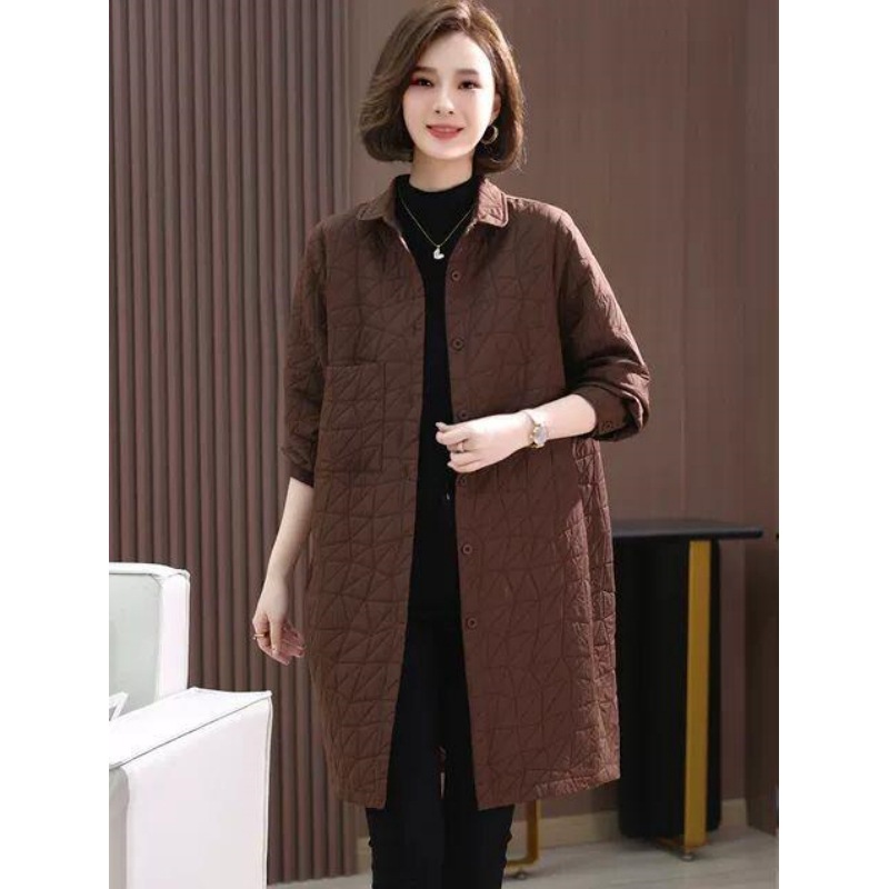 2025秋冬新款宽松大码女装中长款休闲加厚保暖夹棉格子风衣外套女