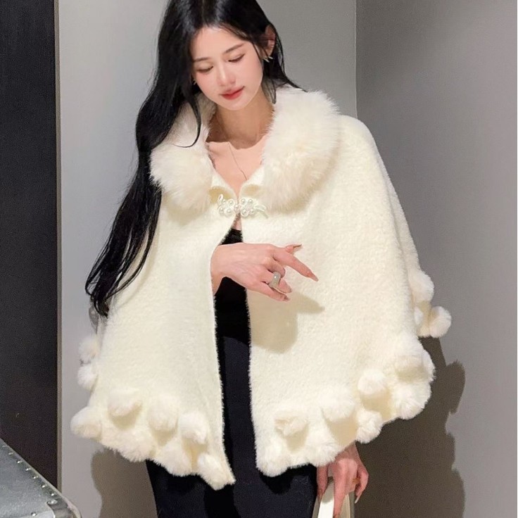 甜美多巴胺旗袍汉服外搭马卡龙色披肩针织外套加厚毛领保暖斗篷