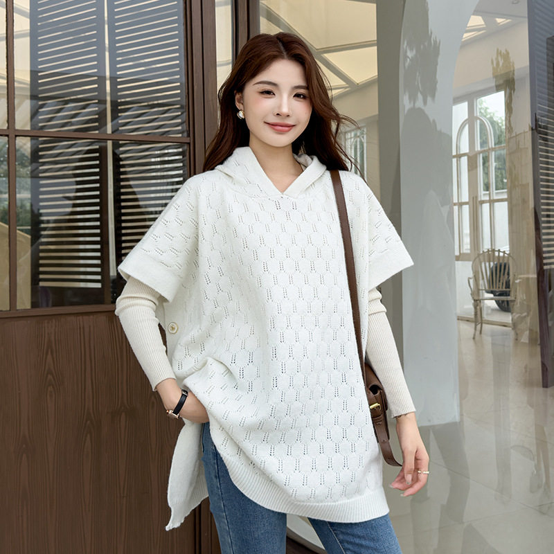 1283#秋季新款清新女镂空纽扣宽松套头披肩外塔甜美连帽针织衫